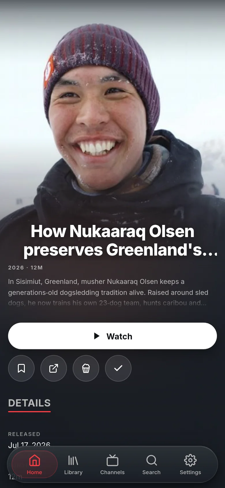 A video's page in Vuma on a phone: a DW documentary with its description, a watch button and the details.